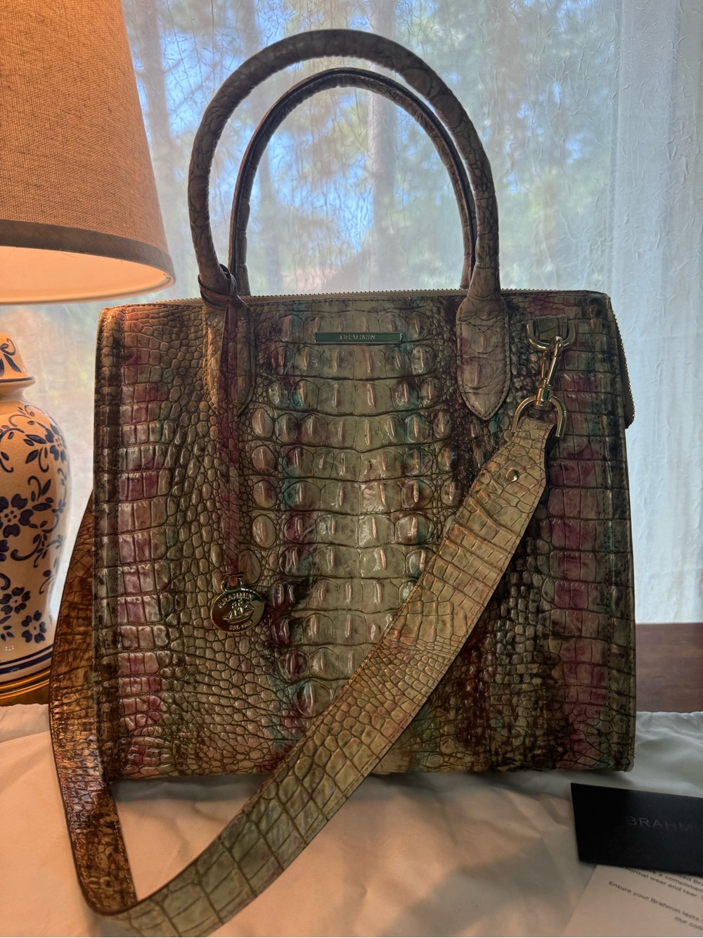 Brahmin Green and Mauve Croc-Embossed Satchel